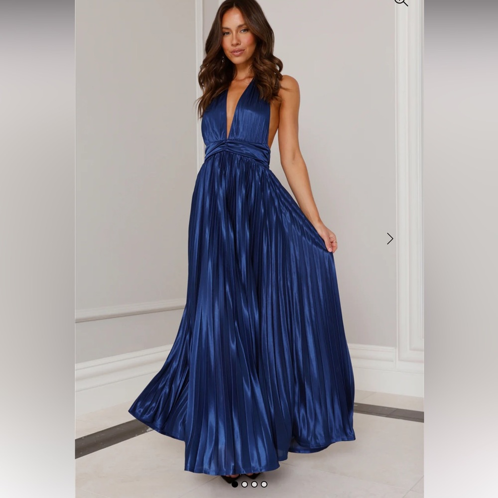 Hello Molly Blue Pleated Backless Gown for Prom